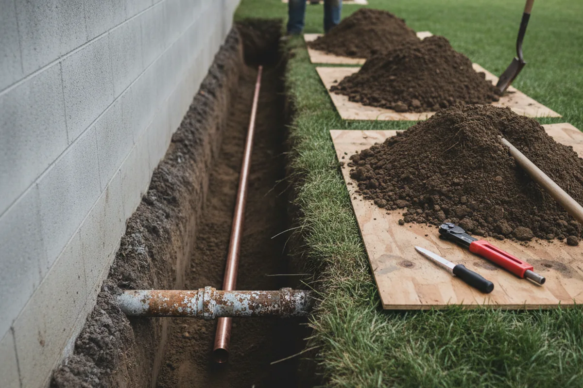 Excavated water line trench during Sewer Line Repair in Boyd